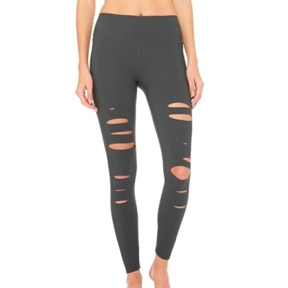 ALO Yoga High Waisted Ripped Warrior Leggings- Anthracite Charcoal Grey - Picture 3 of 11